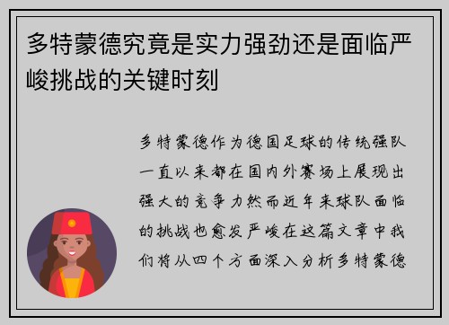 多特蒙德究竟是实力强劲还是面临严峻挑战的关键时刻