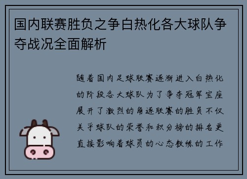 国内联赛胜负之争白热化各大球队争夺战况全面解析