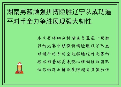 湖南男篮顽强拼搏险胜辽宁队成功逼平对手全力争胜展现强大韧性