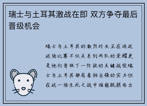 瑞士与土耳其激战在即 双方争夺最后晋级机会