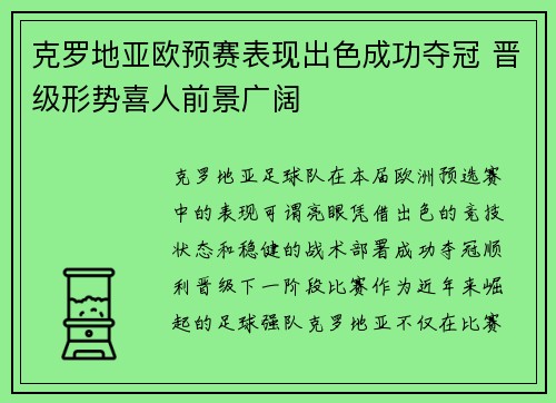 克罗地亚欧预赛表现出色成功夺冠 晋级形势喜人前景广阔