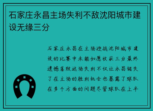 石家庄永昌主场失利不敌沈阳城市建设无缘三分